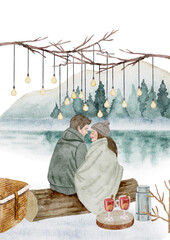 A digital watercolor illustration of a couple wrapped in a blanket enjoying a quiet moment by the water, illuminated by warm string lights.