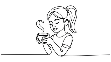 A simple line drawing of a young woman with her hair in a ponytail holding a steaming mug of coffee or tea with her eyes closed in peaceful enjoyment