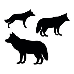 Three black silhouette illustrations of canids in different poses against a white background