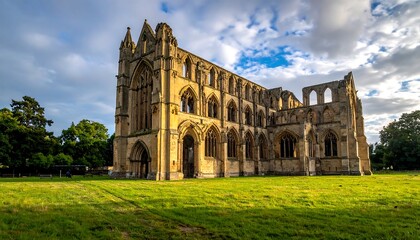 Fototapeta premium Ancient abbey ruins bathed in golden light