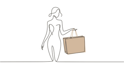 Elegant single line drawing of a fashionable woman wearing a hat and holding a shopping bag minimalist style representing shopping and style