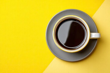 A simple cup of black coffee presented on a gray and yellow background