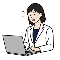 PC作業する白衣の若い女性（驚く）