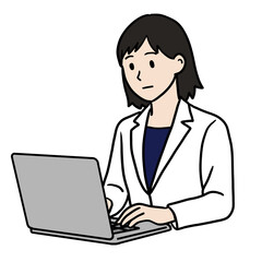 PC作業する白衣の若い女性（真顔）