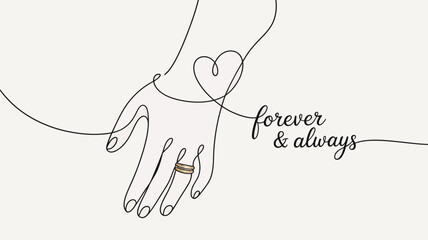 Elegant line art illustration of two hands gently touching connected by a flowing heart shape symbolizing love and commitment with the phrase forever always adding a romantic touch