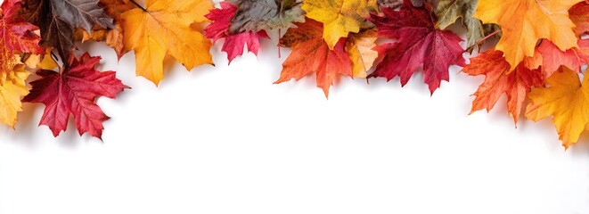 Obraz premium Autumn leaves in vibrant colors hang against a plain white background