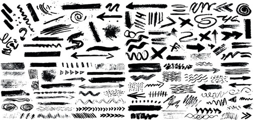 Obraz premium Freehand grunge Set of vector paint brush stroke with Black watercolor splatter, grunge arrow set rough textures, splatters, and strokes, perfect for creative designs.
