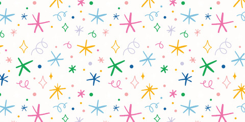 Whimsical starburst pattern with pastel hues and subtle geometric elements repeating seamlessly isolated on white background