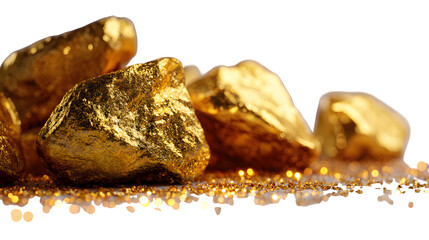 Gold nuggets and dust, isolated on transparent background