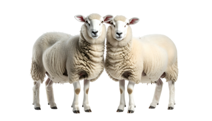 Two identical, cream-colored sheep, facing forward, close together, against a black background