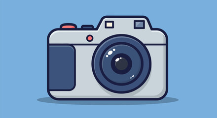 A stylized cartoonish digital camera with a prominent lens and buttons.