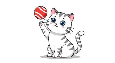 Adorable Cartoon Kitten Playing with a Red and White Striped Ball.