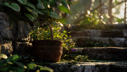Sunlight streams through lush green foliage onto a rustic stone staircase and potted plant