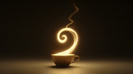 Vintage coffee cup with an infinite glowing spiral, symbolizing longevity and ritual. 