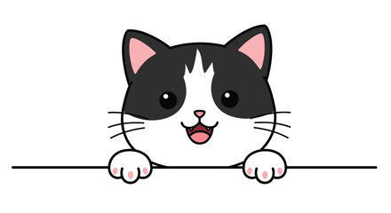 Adorable Tuxedo Cat Peeking Over a Line with Happy Expression.