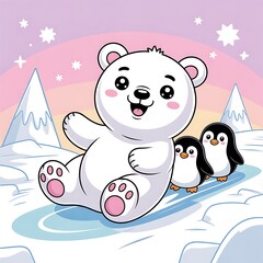 Kawaii Polar Bear and Penguin Pastel Seamless Background – Cute Winter Digital Paper with Arctic Animals, Snowflakes, and Festive Holiday Pattern for Scrapbooking & Crafts