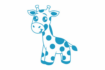 Cute outlined giraffe stands cheerfully with blue spots on a white background
