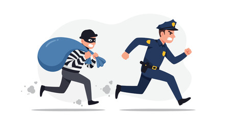 Cartoon thief with stolen goods bag chased by police officer.