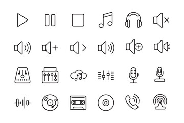 Audio icons with thin lines. Stroke can be edited. Pixel perfect design.