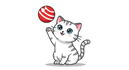 Cute cartoon tabby kitten with big blue eyes playing with a red striped ball.