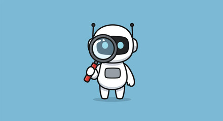 Cute Cartoon Robot Holding Magnifying Glass for Investigation.
