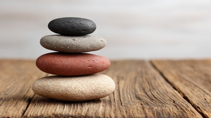 A perfectly balanced stack of smooth river rocks creating a stone cairn on a rustic wooden table symbolizing harmony patience serenity meditation and spiritual wellness.