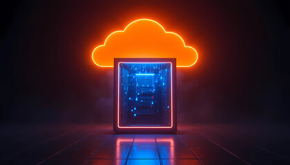 A glowing cloud hovers above a server rack, symbolizing cloud computing and data storage solutions