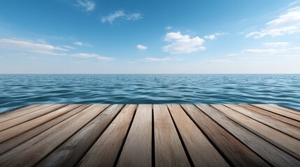 Expansive View from a Weathered Wooden Pier Overlooking the Tranquil Ocean Horizon at Sunrise with Gentle Waves Lapping Against the Pilings.