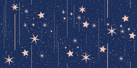 Star shower, seamless pattern with stars and glowing dots on a blue sky background. Repeating texture with stars and dots. Space and astronomy concept. Vector illustration. © Salomi art