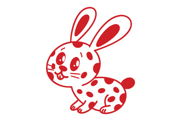 Dotted red rabbit smiles playfully with simple features on a white background cheerfully