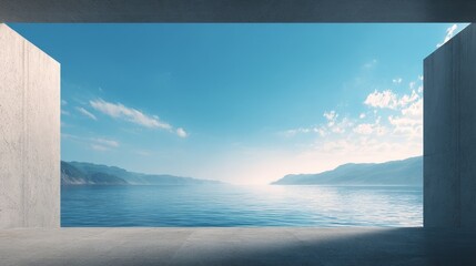 Captivating and tranquil scenic view from inside a room looking out through an open window frame onto a vast placid body of water under a clear sky evoking feelings of peace and serenity. © admin_design
