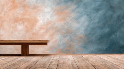 Rustic wooden bench with a weathered texture positioned against a vibrant solid blue wall creating a simple yet striking minimalist composition with strong contrasting colors.