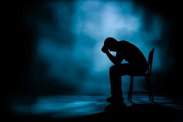 Silhouette of depressed man sitting alone in the dark. Lonely person holding head in hands - depression and anxiety concept