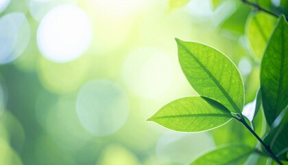 Soft-focus photo of fresh green leaves glowing in sunlight. Perfect for eco themes, wellness, sustainability, mindfulness, and natural beauty designs.