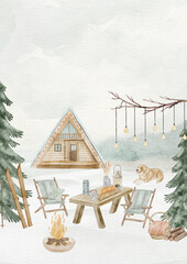 A digital watercolor scene depicting a cozy winter camping setup featuring a small cabin, a camper van, a picnic table, and warm string lights.