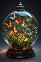 A lot of colorful butterflies on flowers in a large crystal ball