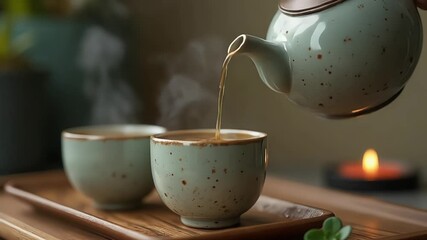Tea ceremony featuring green tea being poured from a teapot into a teacup on a wooden tray - Powered by Adobe