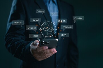 Real-time multilingual AI communication app on smartphone,businessman using mobile device with world map and speech bubbles,translation technology for global interaction