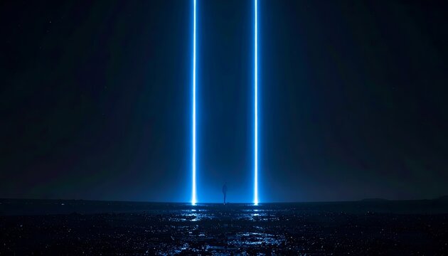 Two vibrant blue neon light beams illuminate a dark reflective surface creating a futuristic and mysterious atmosphere.