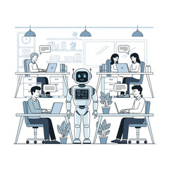 Robot assisting office workers with laptops in a modern workspace, collaboration concept