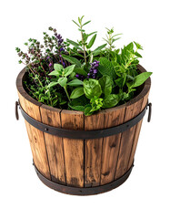 Naklejka premium Wooden barrel planter filled with various herbs