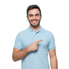Enthusiastic Young Man Pointing in Light Blue Polo