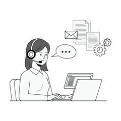 Customer service representative with headset working on laptop, handling inquiries and documents