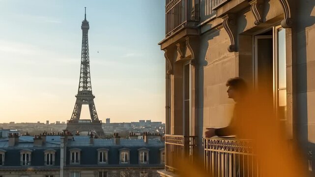 A man contemplates the Eiffel Tower view from a Parisian balcony at sunset