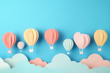 Pastel-colored paper hot air balloons float against a vibrant blue sky, surrounded by whimsical paper clouds.