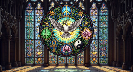 Stunning stained glass window in a cathedral featuring a dove of peace, lotus flowers, ankh, yin yang, and peace symbols, bathing the interior in vibrant, ethereal light.