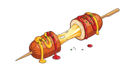 A cheesy corn dog with ketchup and mustard drizzled on top with a string of cheese stretching between the two halves.