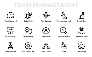 Professional line icon set featuring teamwork, workflow, leadership, finance, time management, growth, and settings symbols for modern business design.