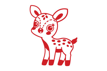 Red fawn with big eyes and spotted body is looking cutely around