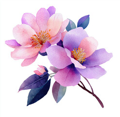Obraz premium Vibrant Watercolor Blooms Soft Pink and Amethyst Flowers with Contrasting Indigo Leaves on White Background